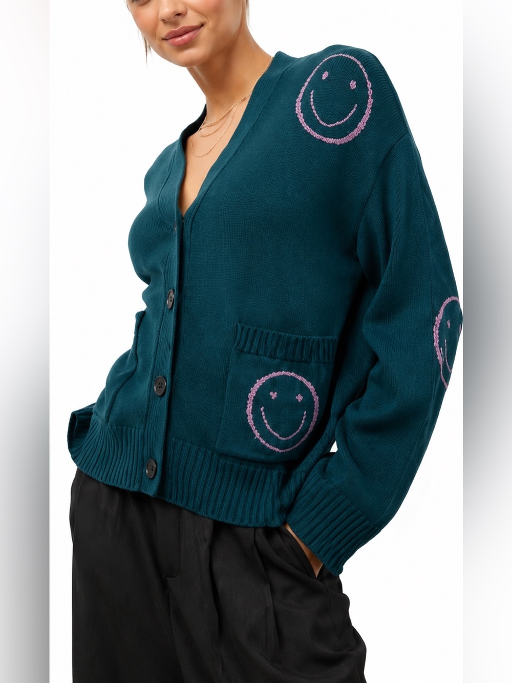 Rails Teal V-Neck Cardigan with Pink Smiley Details EUC